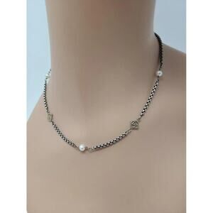 AUTH David Yurman Sterling Silver 14k DY and Pearl Station Cable Necklace
